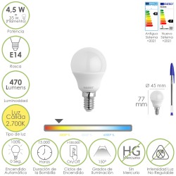 Bombilla Led Esferica Rosca E14 4.5 Watt. Equivale A 35 Watt. 470 Lumenes. Luz Cálida (00º K)