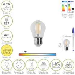 Bombilla Led Filamento Esfera Rosca E27. 4,5 Watt. Equivale A 35 Watt. 470 Lumenes. Luz Calida 2700º K.