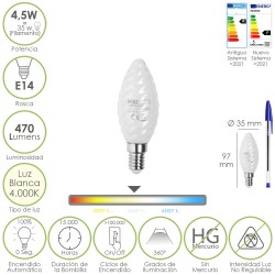 Bombilla Led Filamento Vela Esmerilada E14. 4,5 Watt. Equivale A 35 Watt. 470 Lumenes. Luz Neutra 4000º K.