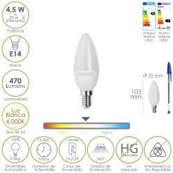 Bombilla Led Vela Rosca E14. 4,5 Watt. Equivale A 35 Watt. 470 Lumenes. Luz Neutra (4000º K.)